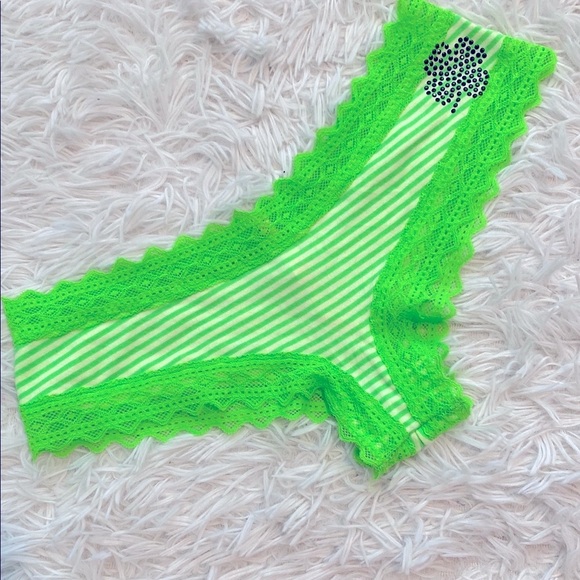 NWT PINK Victoria's Secret clover striped lime Green Lace Trim Underwear - Picture 1 of 5